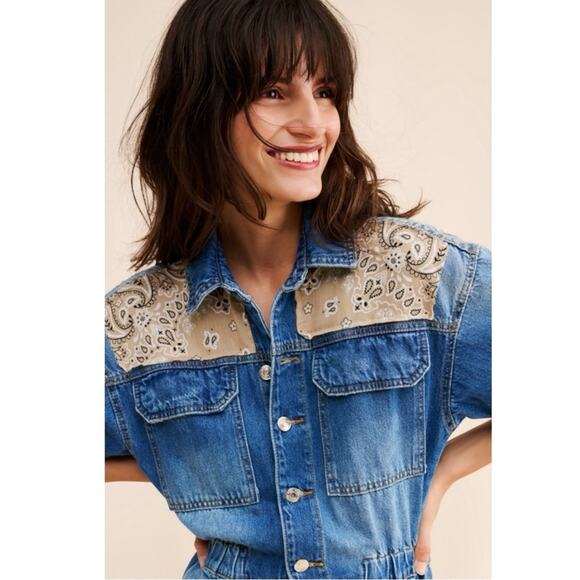Free People X Tricia Fix Bandana Denim Jumpsuit Coveralls Size XL Western Boho - Picture 5 of 10